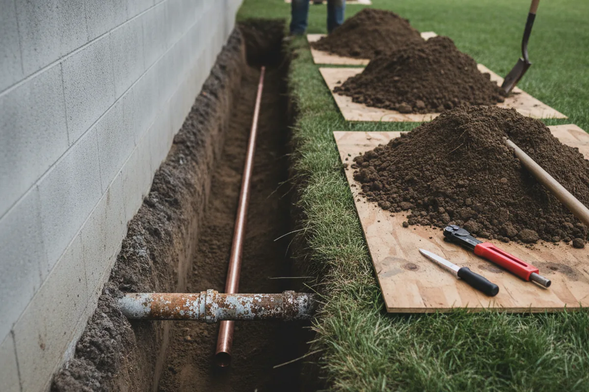 Excavated water line trench during Water Softener Installation in East Hanover